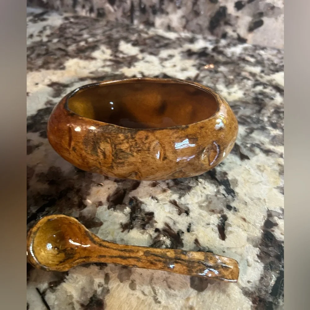 Hand made saucer and spoon pottery Brown Minimalist MC Signed‎